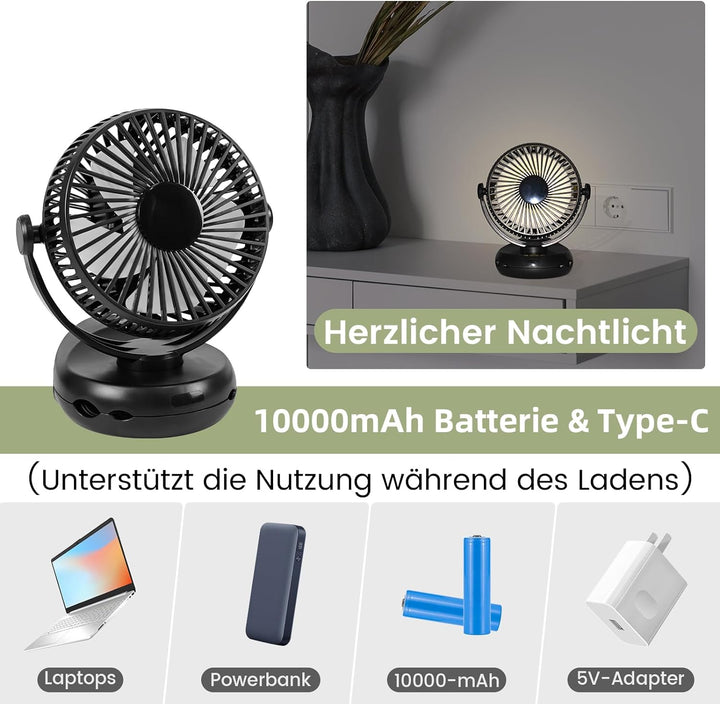 Mursche Tischventilator 10000mAh Akku Tisch Ventilator - Leise Clip Fan Kleiner USB Ventilator Tragb