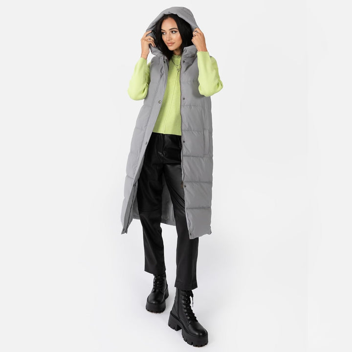 Women's Gilet Ladies Hooded Body Warmer Sleeveless Jacket Quilted Winter Coat Padded Longline Side P