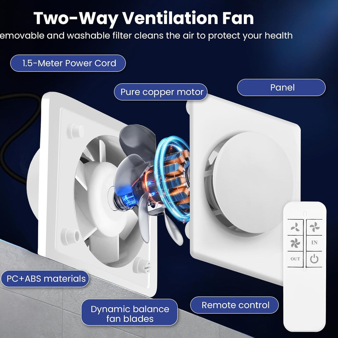 Abluftventilator 100 mm, VMC, Badezimmer, 130 m³/h, energiesparender Ventilator mit Fernbedienung, 2