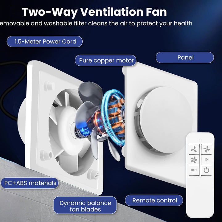 Abluftventilator 100 mm, VMC, Badezimmer, 130 m³/h, energiesparender Ventilator mit Fernbedienung, 2
