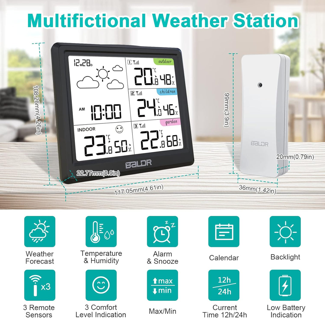 LEVIPE Wetterstation Funk mit 3 Aussensensor, Digitale Funkwetterstation mit Innen Aussen Temperatur