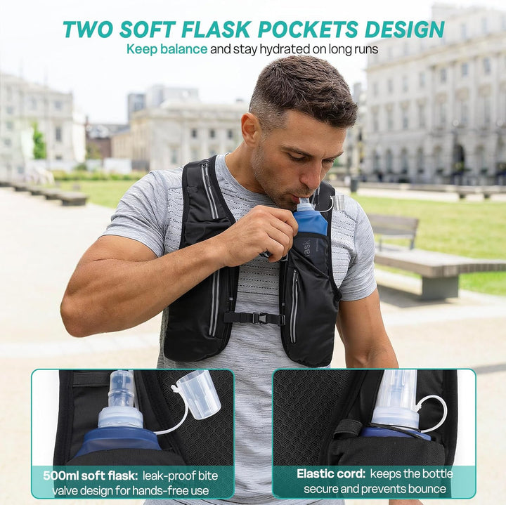 Nextyu Laufweste Damen & Herren, Trinkrucksack mit 2 500ML Trinkflaschenfächern & Grosse Handytasche