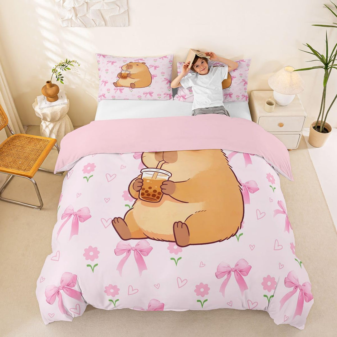 Homemissing Rosa Schleifen Capybara Bettwäsche 135x200cm süsses Mädchen-Design für Kinderzimmer,Bett