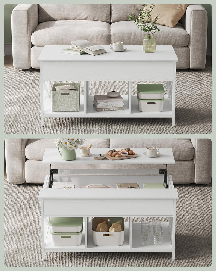 VASAGLE Couchtisch, höhenverstellbarer Wohnzimmertisch, Kaffeetisch, offener und versteckter Staurau