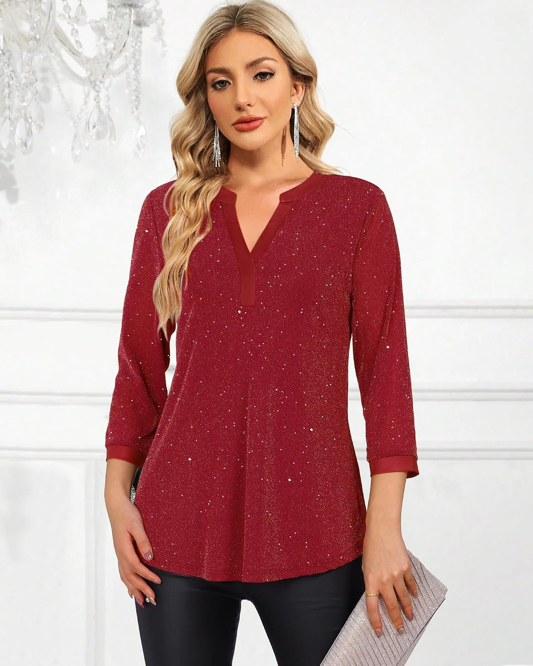 Damen 3/4 Ärmel Oberteil Henley V-Ausschnitt Hemden doppellagig Mesh Bluse Tuniken M Blinken Rot, M