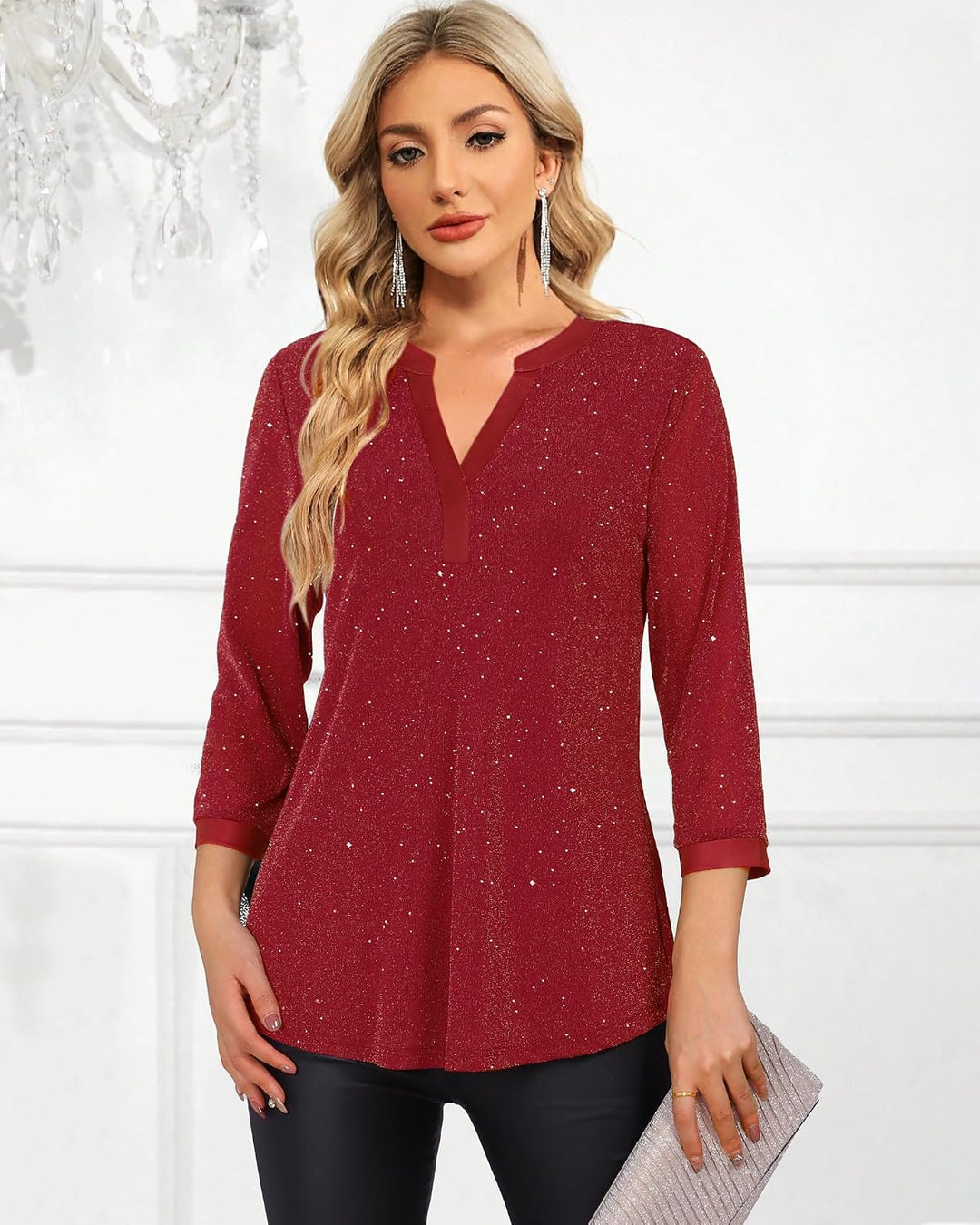 Vafoly Damen 3/4 Ärmel Oberteil Henley V-Ausschnitt Hemden doppellagig Mesh Bluse Tuniken L Blinken