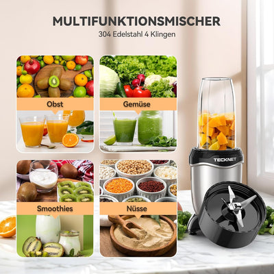 TECKNET Smoothie Maker, 600W Mini Mixer Smoothie Maker mit 4 Edelstahl Blatt, Tragbarer Standmixer G