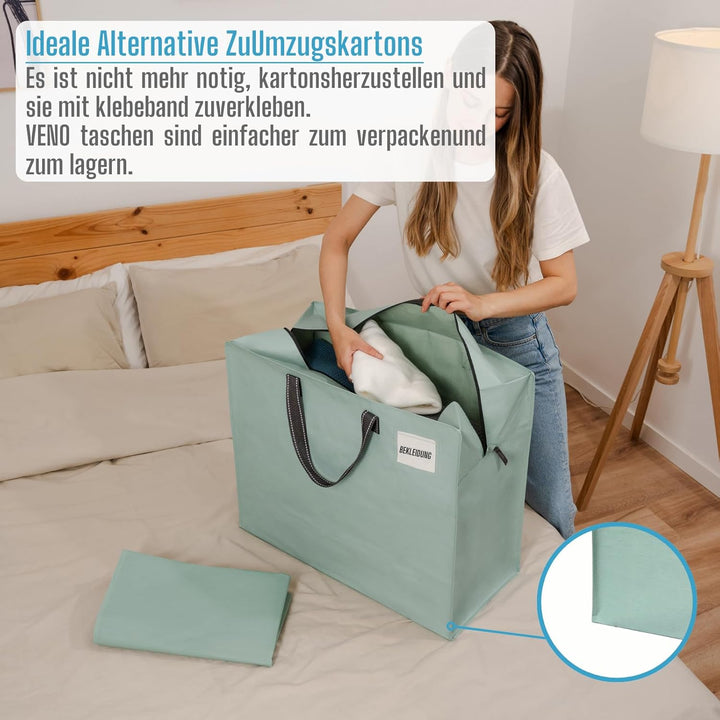 VENO 84 Liter Extra Gross Aufbewahrungstasche mit starke Griffe und Reissverschlüssen für Umzug, Auf