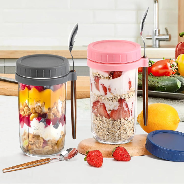 4 Stück Glas Müslibecher to go mit Deckel und Löffel, 600ml Overnight Oats Gläser Mason Jars mit Mes