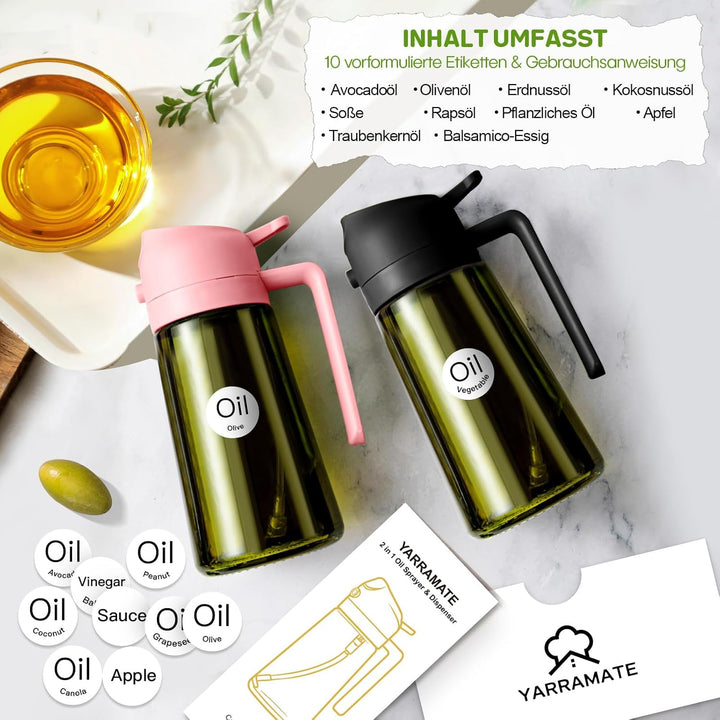 YARRAMATE 2 Stück 470ml Ölsprüher zum Kochen, 2-in-1 UV Schutz ölzerstäuber für die Küche, hochwerti