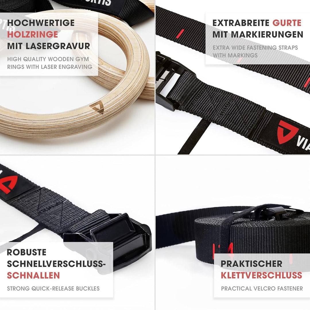 VIA FORTIS Premium Turnringe aus Holz inkl. Gurte, Tasche & Workout-Guide – Gym Ringe für Calistheni