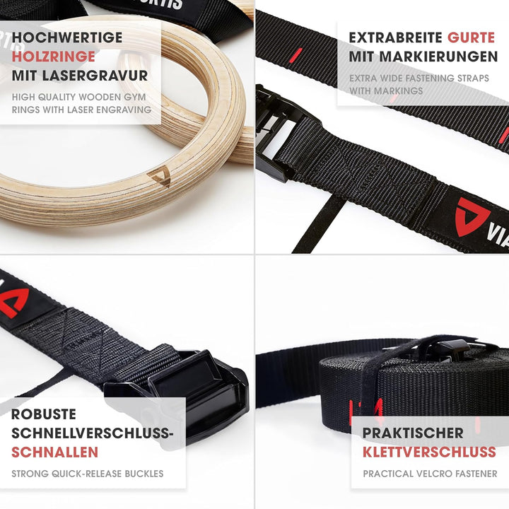 VIA FORTIS Premium Turnringe aus Holz inkl. Gurte, Tasche & Workout-Guide – Gym Ringe für Calistheni