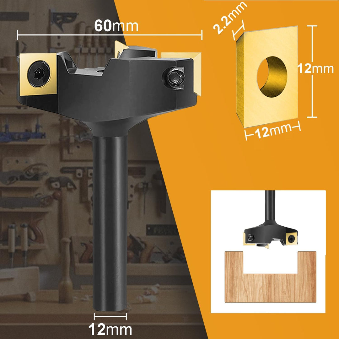 SpeTool Planfräser 12mm Schaft Flächenfräser 60mm Durchmesser mit 3 austauschbaren Hartmetallmessern