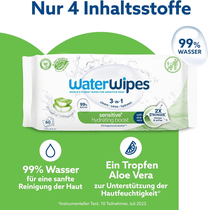 WaterWipes Sensitive+ Hydrating Boost Wipes, Feuchtigkeitsspendende Tücher, 720 Stück (12 Packungen)