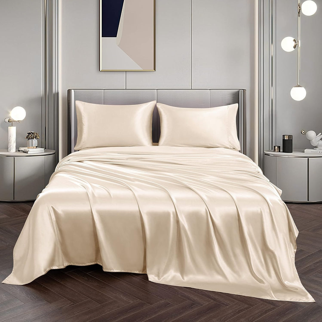 Vonty Bettwäsche-Set aus Satin, weich, seidig, 1 Spannbettlaken mit tiefer Spitze, 1 Bettlaken und 2