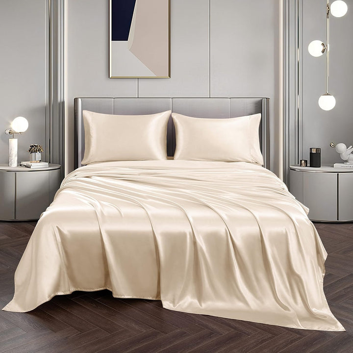 Vonty Bettwäsche-Set aus Satin, weich, seidig, 1 Spannbettlaken mit tiefer Spitze, 1 Bettlaken und 2