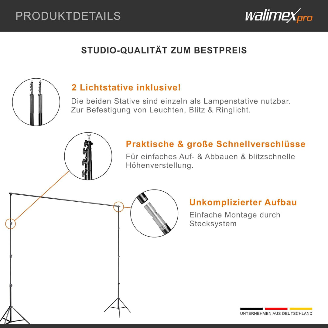 Walimex pro Hintergrundsystem XXL 190-465cm - extrem stabiles & grosses Profi Hintergrund-Set für St