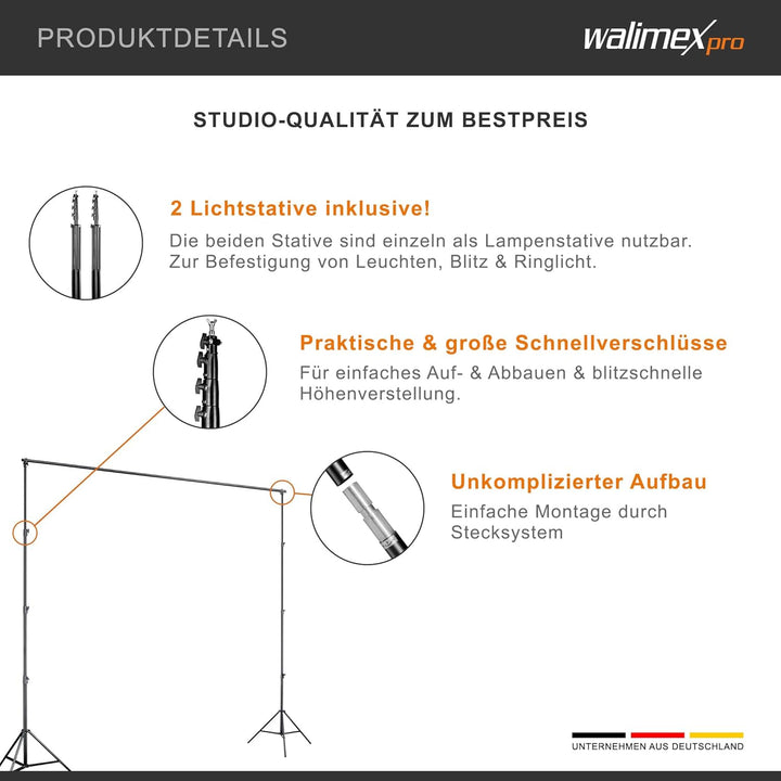 Walimex pro Hintergrundsystem XXL 190-465cm - extrem stabiles & grosses Profi Hintergrund-Set für St