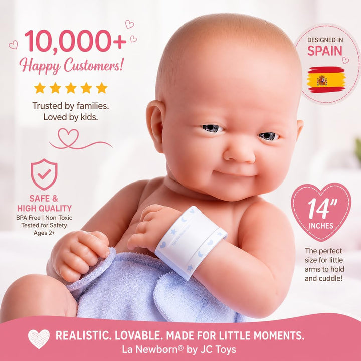 JC TOYS - La Newborn Neugeborene, 38 cm, weiches Vinyl, inkl. Kleidung und 8 Accessoires, Blau, entw