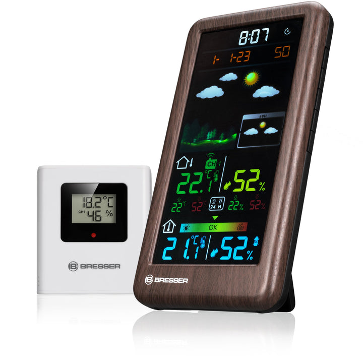 Bresser Wetterstation Funk mit Aussensensor Neomeo V mit Farbdisplay, Holzoptik, 24/48h Wettervorher