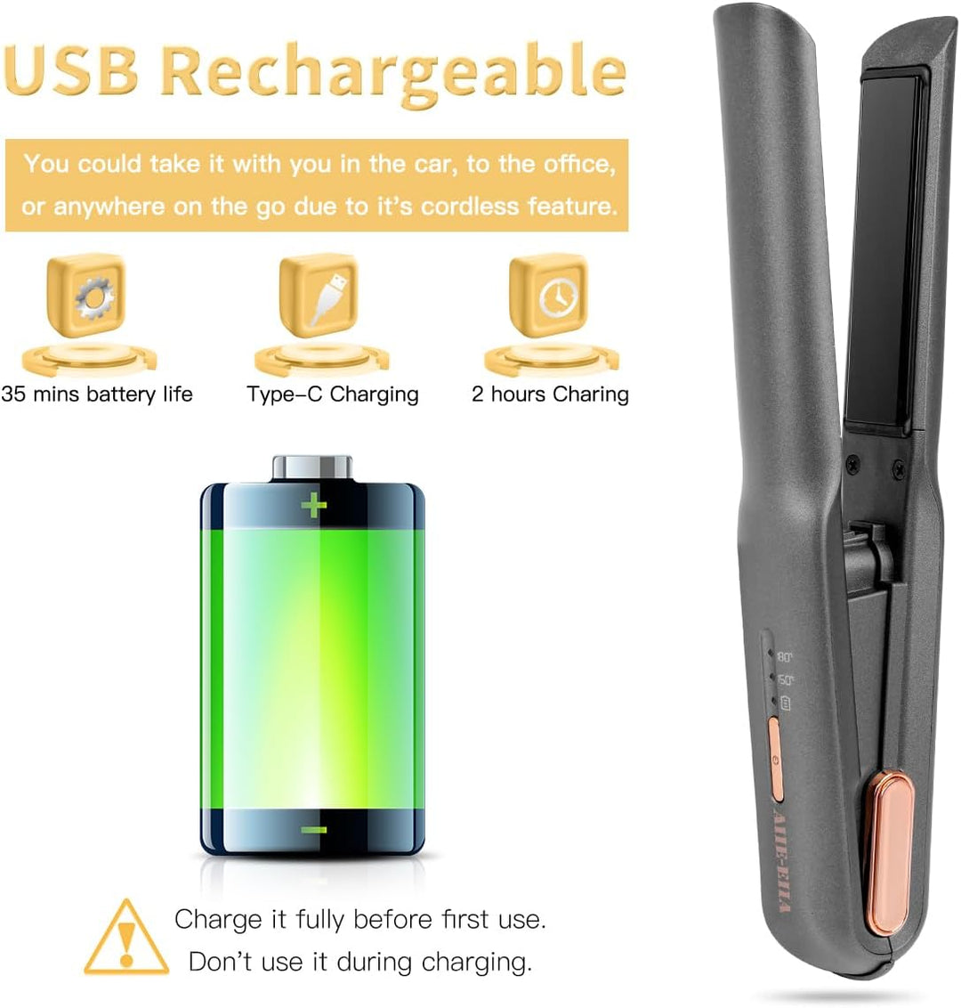Kabelloser Haarglätter und Lockenwickler 2 in 1, Mini Haarglätter Und Lockenstab mit USB-C Aufladung