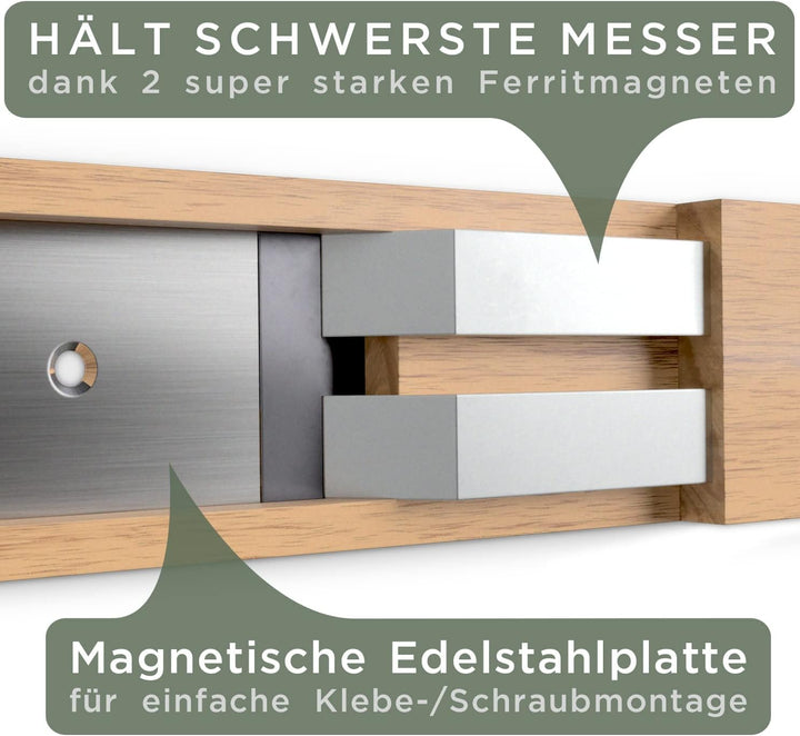 WALDWERK Magnetleiste Messer (40x5cm) - Magnetleiste aus edlem Eichenholz - Messerhalter magnetisch