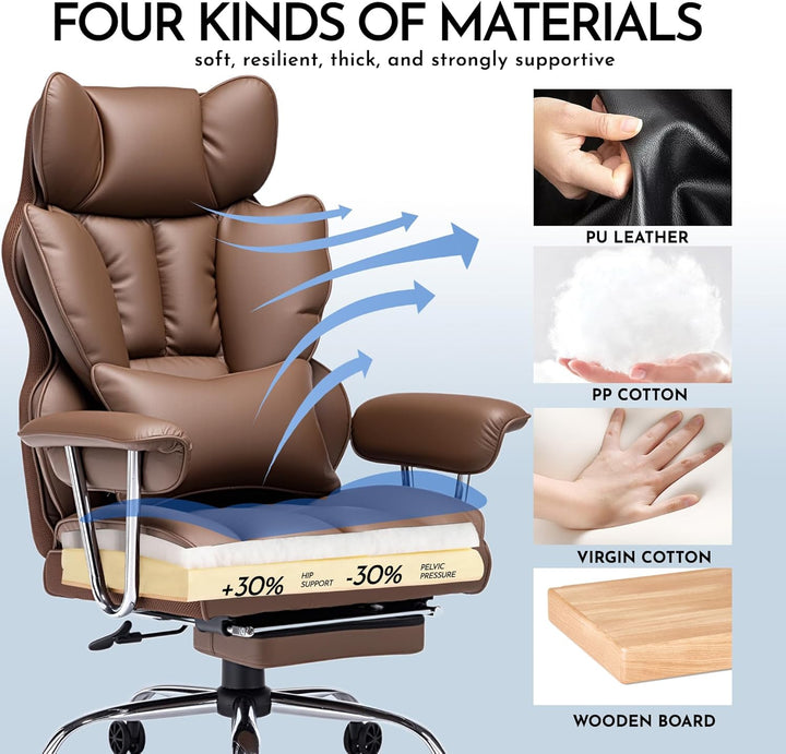 Efomao bürostuhl ergonomisch, PU Leder Chefsessel, bürostuhl 150 kg mit Fussstütze und Lendenwirbels