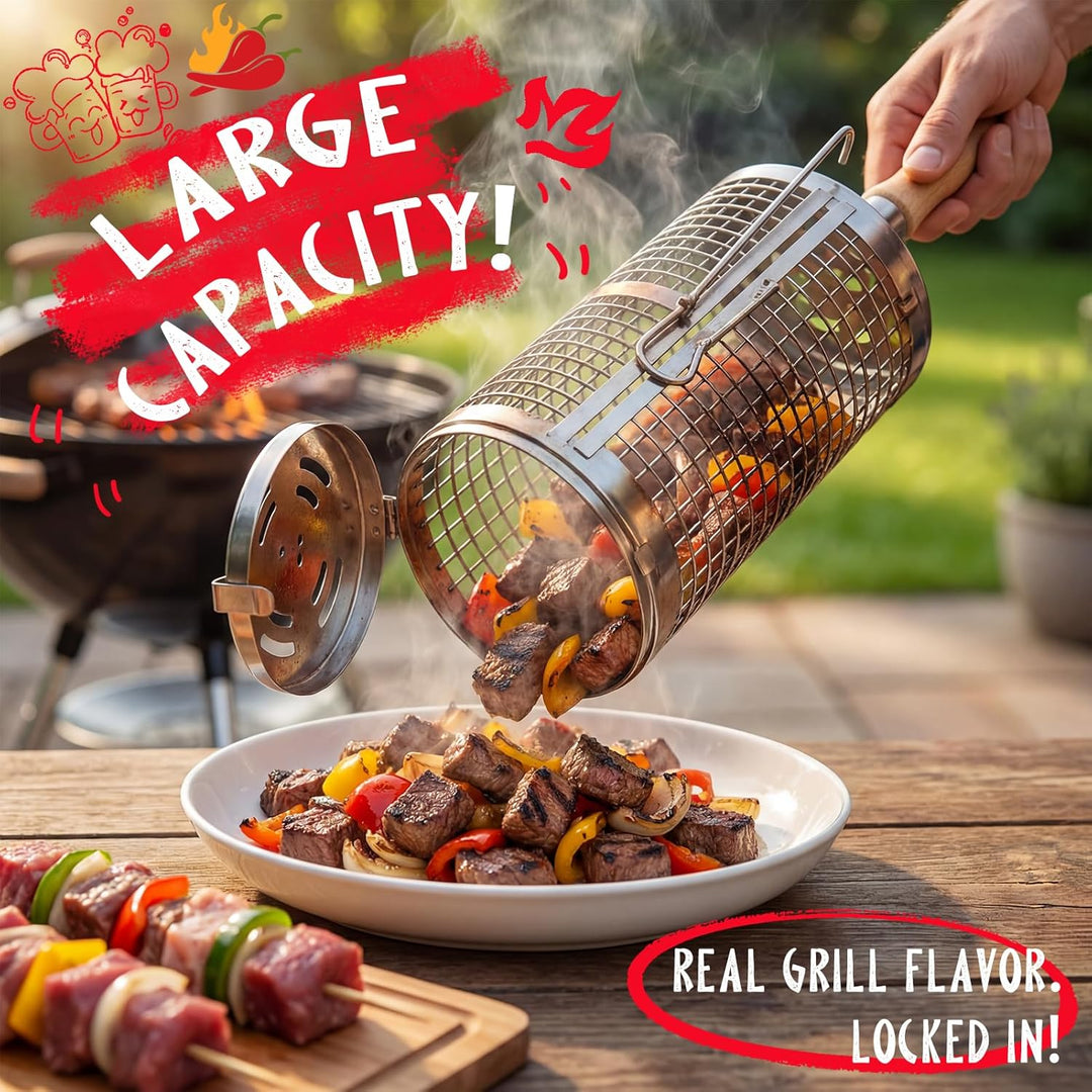 Rollender Grillkorb 2er Set,Nestbar Rollgrillkorb Abnehmbarem Holzgriff Doppelte Öffnung Edelstahl 3
