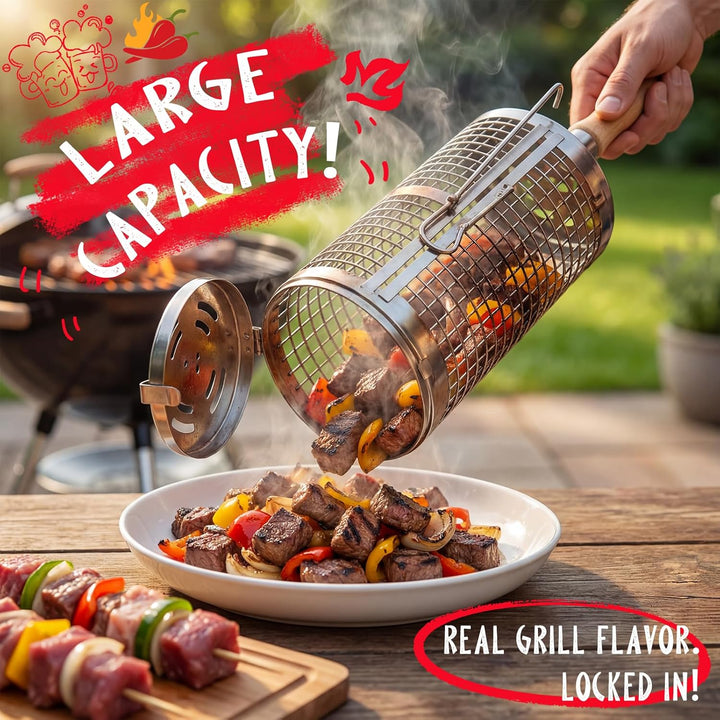 Rollender Grillkorb 2er Set,Nestbar Rollgrillkorb Abnehmbarem Holzgriff Doppelte Öffnung Edelstahl 3