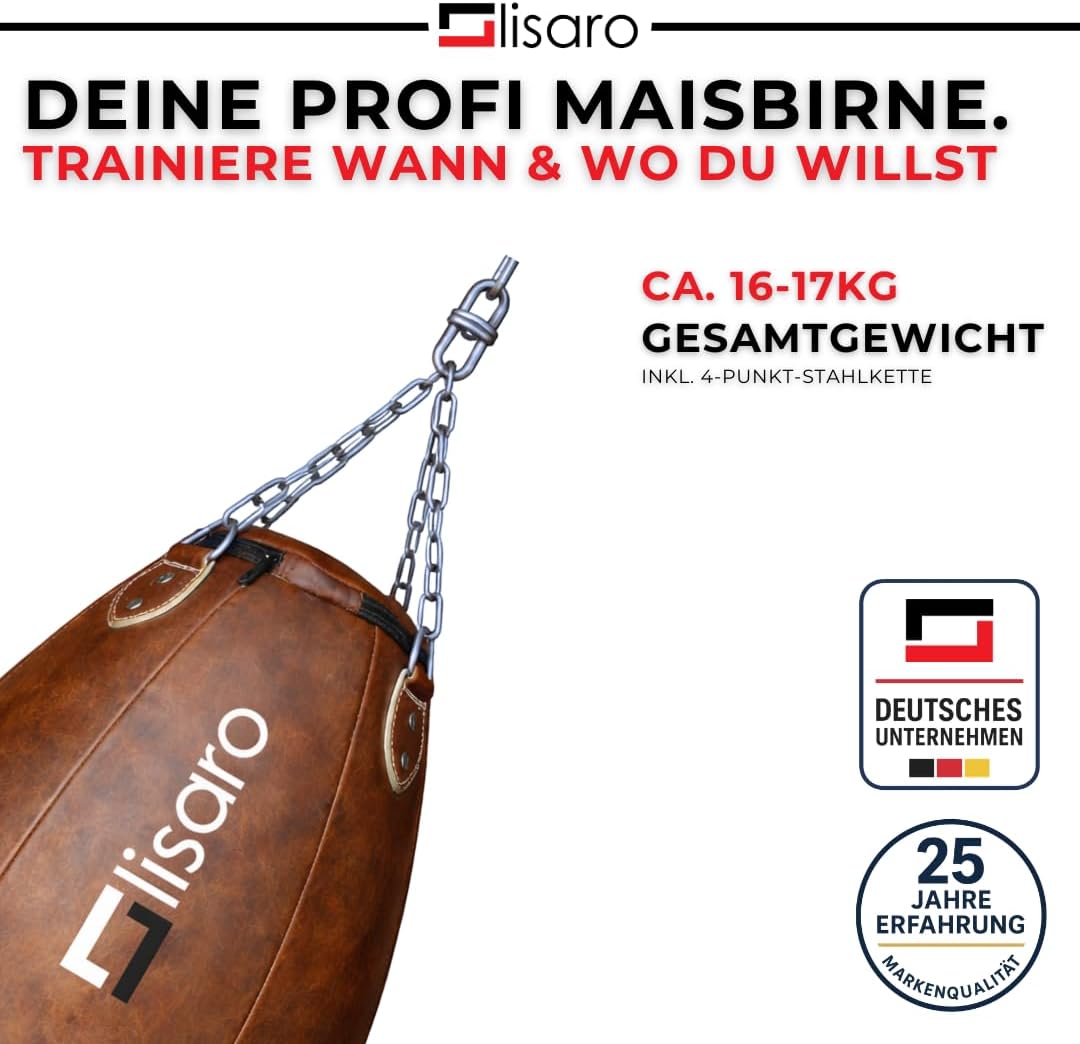 Lisaro Profi Maisbirne 70 cm – Boxbirne Punchingball hängend – 17 kg gefüllt – Premium Kunstleder Pu