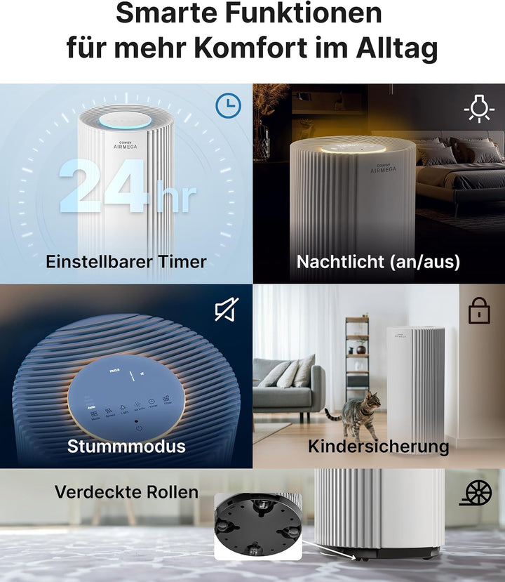 COWAY Luftreiniger für grosse Räume, CADR 734m³/h, reinigt 153m² in 30 Min., HEPA Filter gegen Rauch