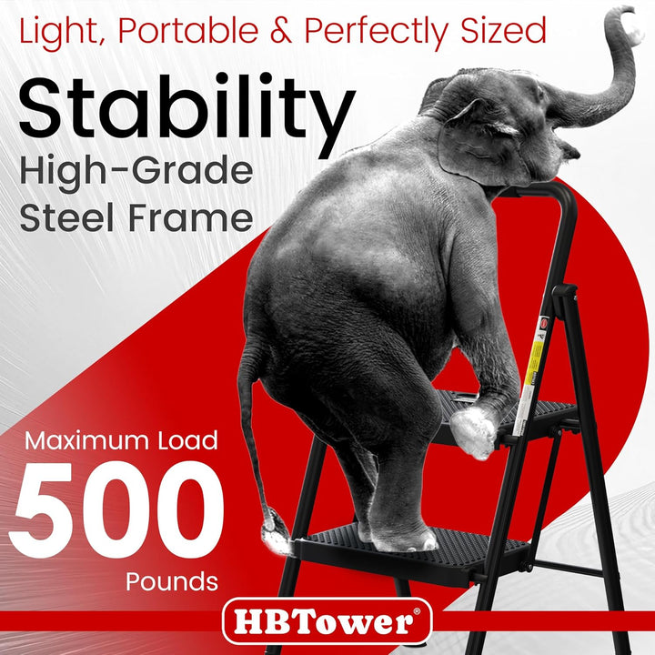 HBTower 2-Schritt-Leiter, Faltbarer Schritt-Hocker mit breitem Anti-Rutsch-Pedal, stabile Stahlleite