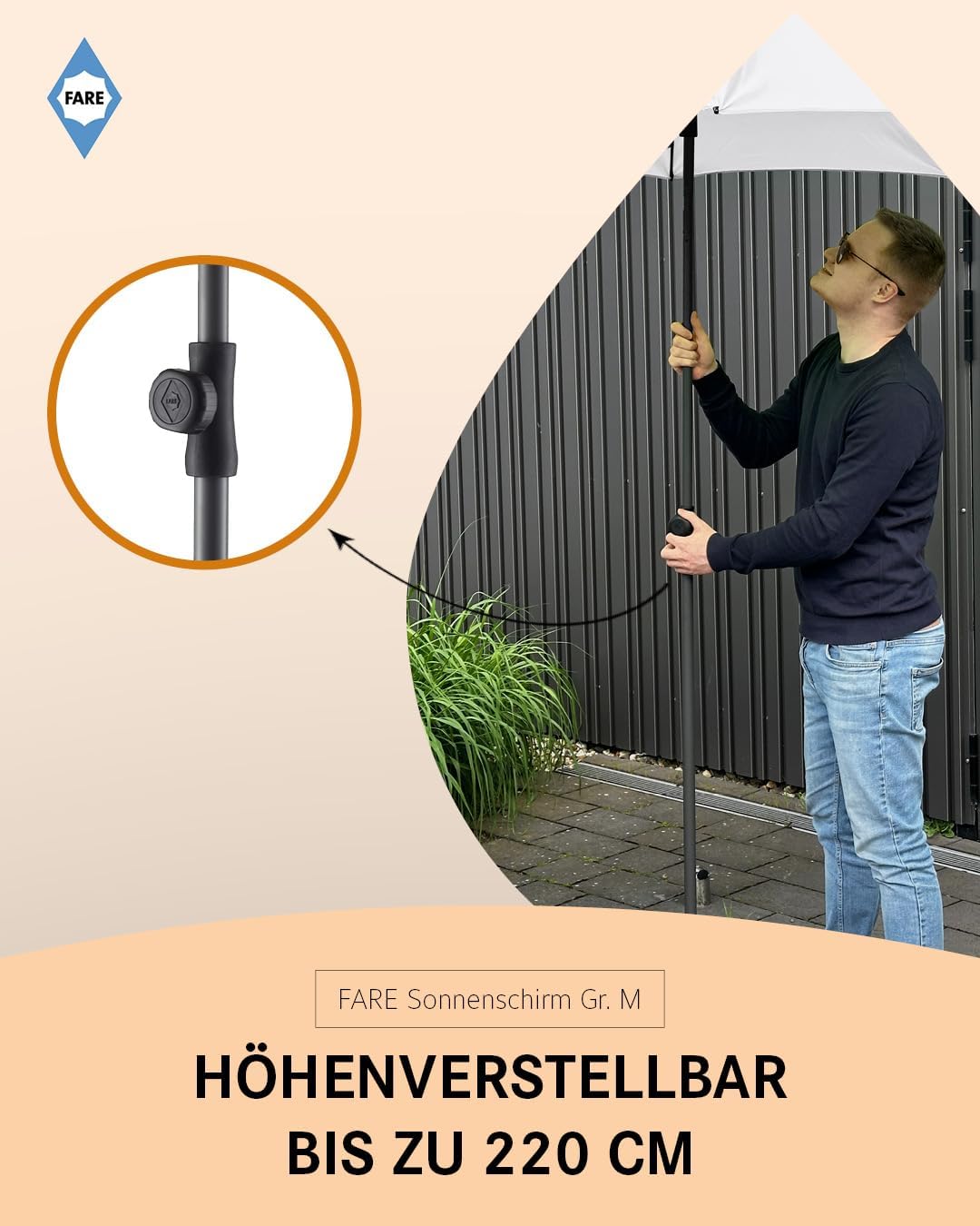 FARE Sonnenschirm Gr. M mit Volant - 180 cm Durchmesser - UV-Schutz 50+ für Balkon Garten Terrasse S