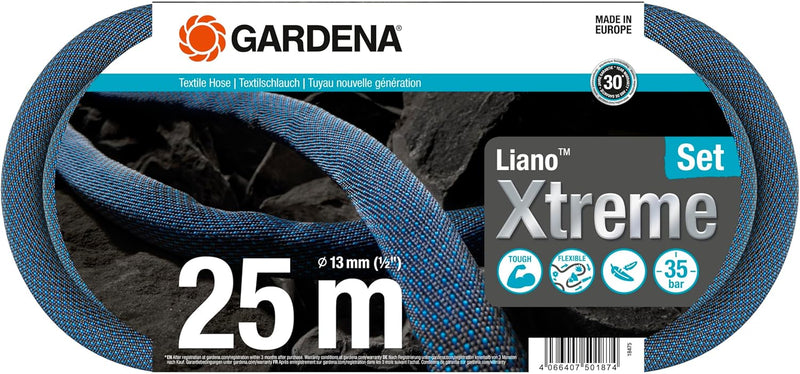 Gardena Liano Xtreme 1/2 Zoll, 25m Set: Extrem robuster Gartenschlauch aus Textilgewebe, mit PVC-Inn