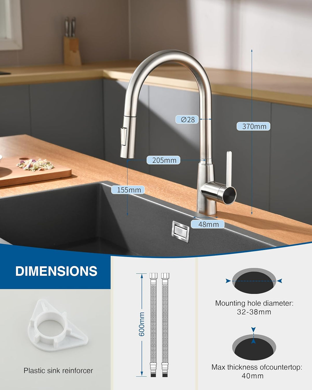 Wasserhahn Küche Ausziehbar, Hochdruck Küchenarmatu mit Herausziehbarer Brause Armatur, Mischbatteri