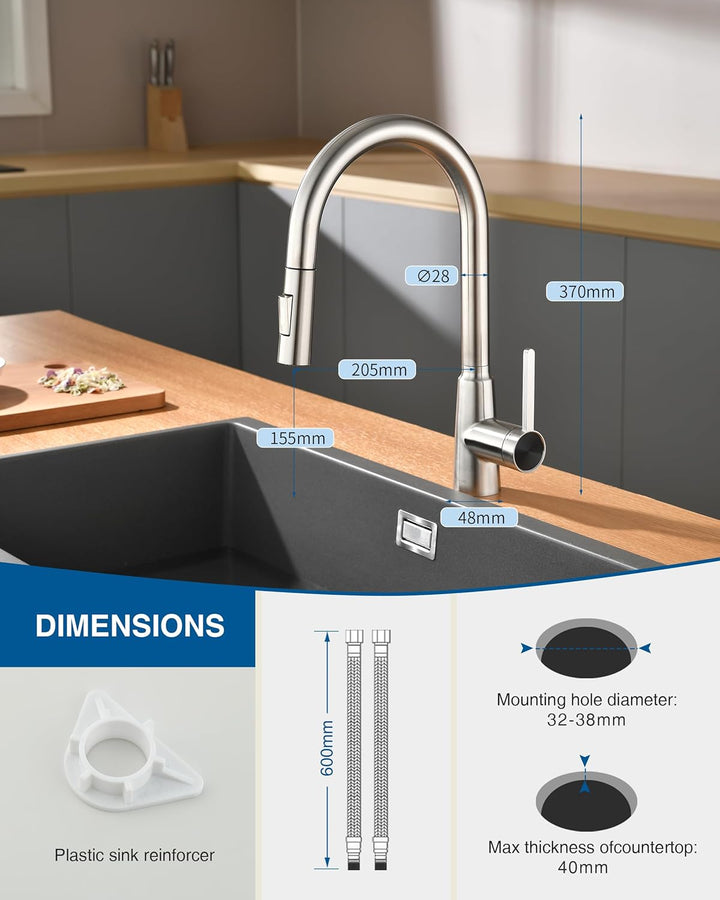 Wasserhahn Küche Ausziehbar, Hochdruck Küchenarmatu mit Herausziehbarer Brause Armatur, Mischbatteri