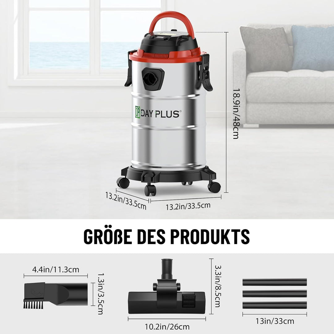DayPlus Nass & Trocken Staubsauger, 18 Liter, 1200W Motor, 19 Kpa, 5m Kabel, 1,5 Flexible Schlauch,