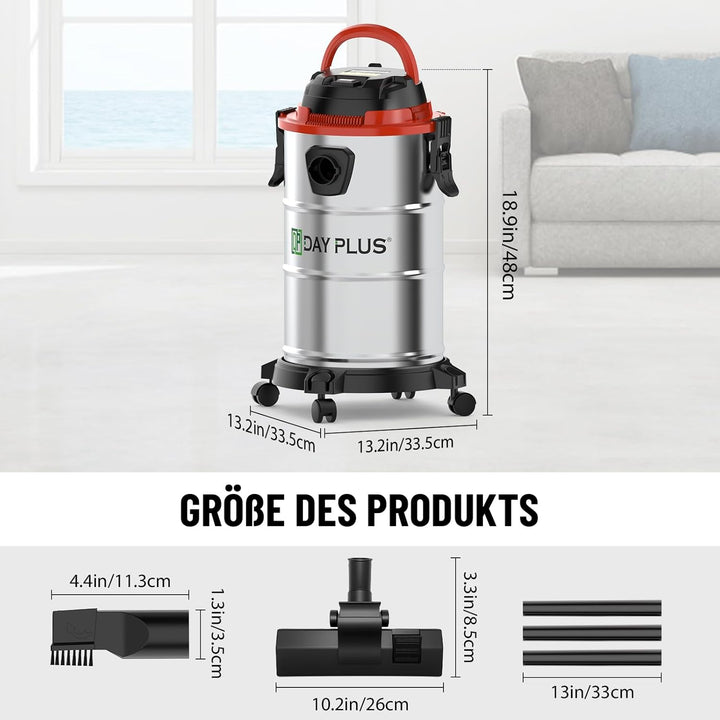 DayPlus Nass & Trocken Staubsauger, 18 Liter, 1200W Motor, 19 Kpa, 5m Kabel, 1,5 Flexible Schlauch,