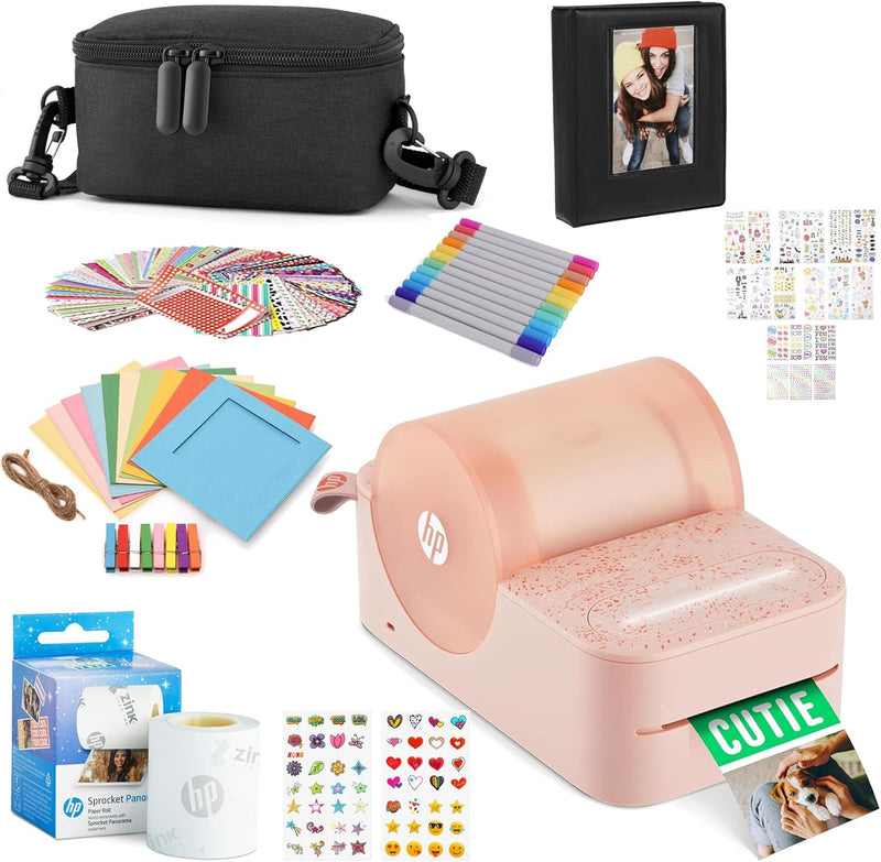 HP Sprocket Panorama Tragbarer Sofort-Farbetiketten- und Fotodrucker (Rosa), Geschenkpaket mit Etui,