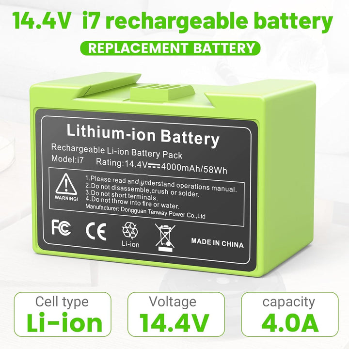 4000mAh Li-ion Akku für i7, ASUNCELL 14.4V Ersatzakku für iRobot Roomba e und i Serie i7 / i7+ i4/i4