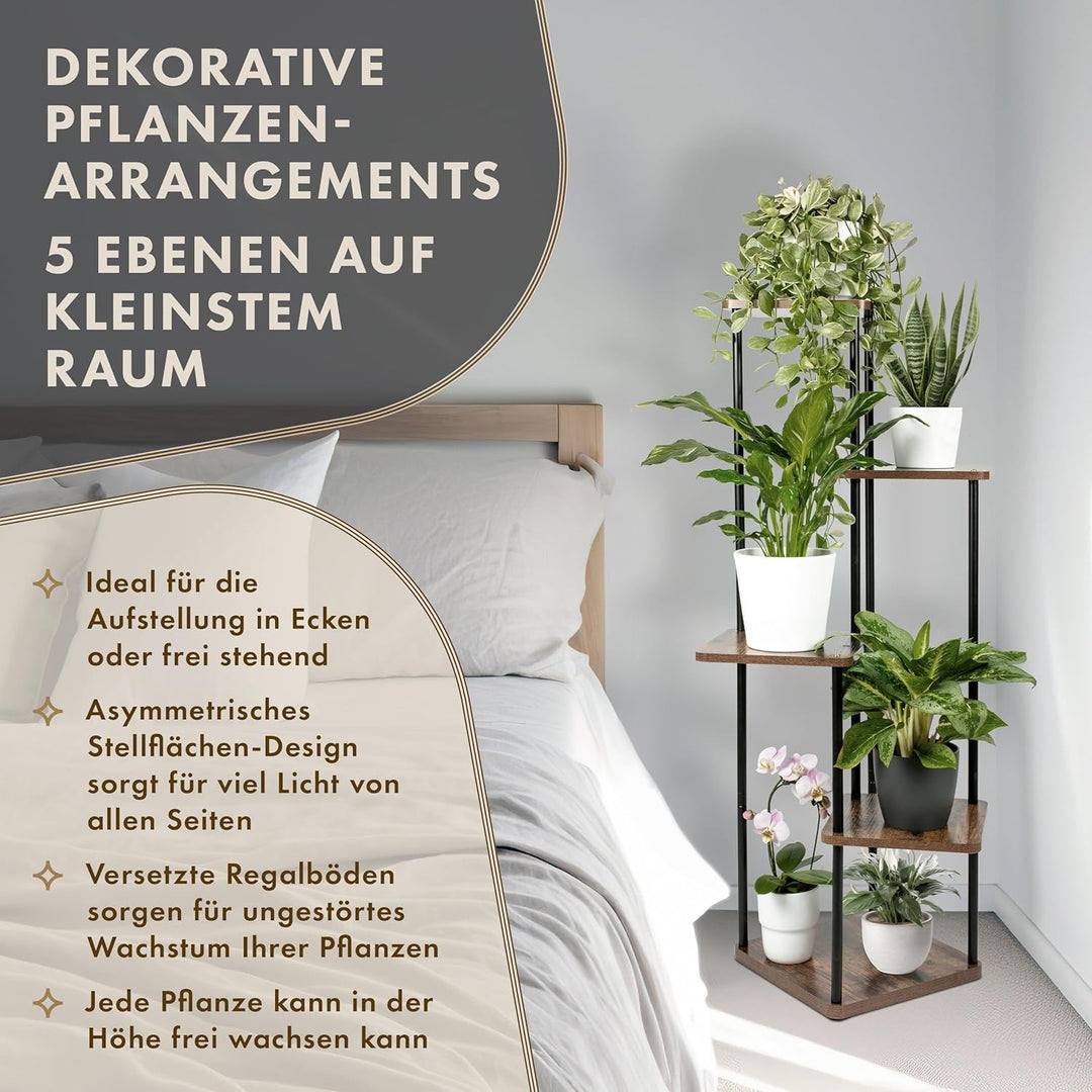 TTL HOME Blumenständer TOWER 2er Set - 5 Etagen 105 cm hoch Pflanzenständer Design Holz Eiche & Meta