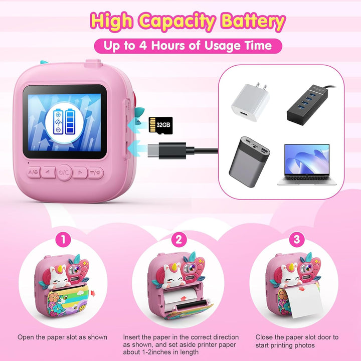 TIATUA Kinderkamera Sofortbildkamera, 1080P 2,4 Zoll Sofortbildkamera Kinder mit 32G Karte und 3 Rol