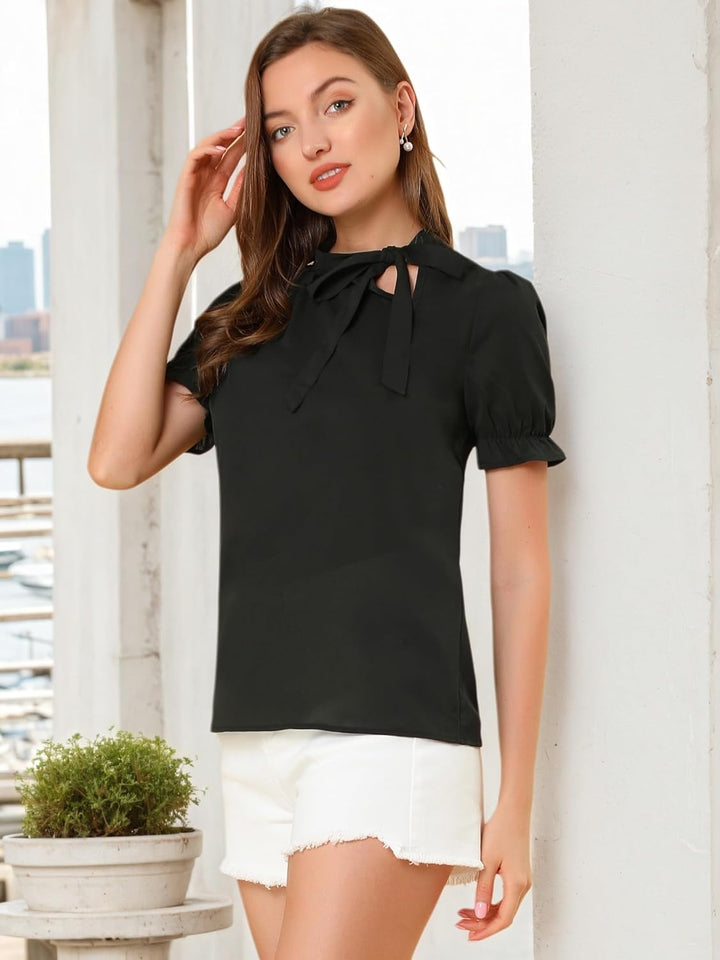Allegra K Damen 50er Jahre Bluse mit Schleife Schluppenbluse Festliche Blusen Kurzarm Panel Fliege H