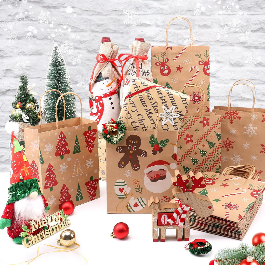 24 Stück Papiertüten Weihnachten Geschenktüten mit Henkel, Braun Weihnachtstaschen Weihnachtsgeschen