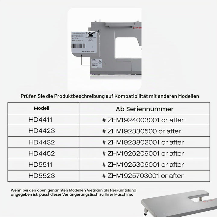 SINGER 4411, 4423, 4432 und 4452 mechanische Schwerlast-Nähmaschinen Ausziehtisch, GRAU
