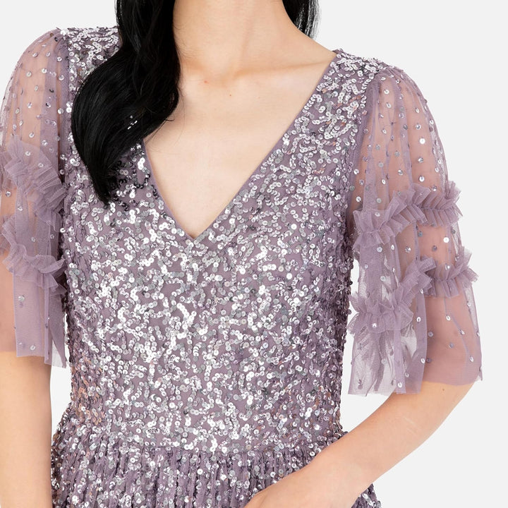 Maya Deluxe Damen Women's Maxi Ladies V-Neck Sequin Embellished Ruffle Detail for Wedding Guest Brid