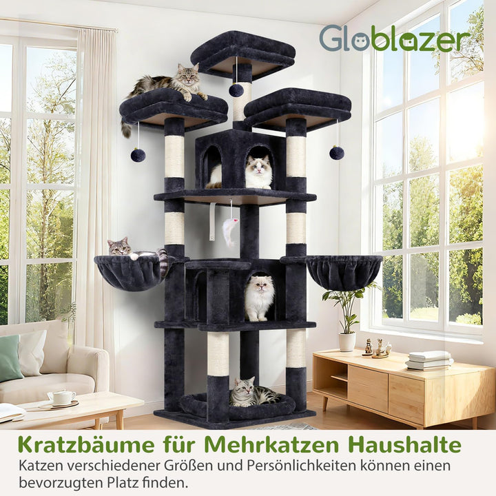 Globlazer Kratzbaum Stabil 174 cm mit 3 Gepolsterte Sitzstangen, 2 Katzenhaus, 2 Korb, Abnehmbares H