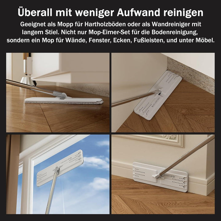 JOYMOOP Wischmopp und Eimer mit Auswringer-Set, Flacher Bodenwischer und Eimer, Mopp für die Bodenre