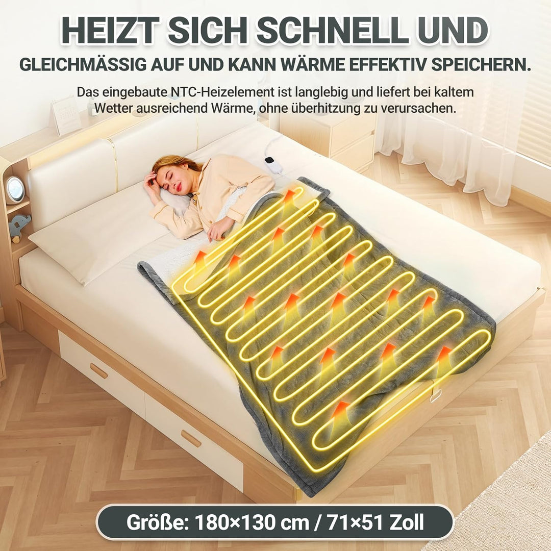 Heizdecke mit Abschaltautomatik, 130x180CM Elektrische Wärmedecke, 8 Heizstufen, 12 Stunden Auto-Off