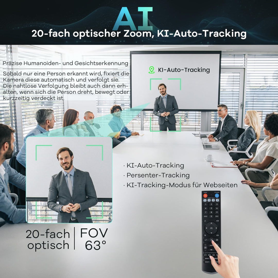 TONGVEO 4K PTZ-Konferenzraum-Kamerasystem, KI-Auto-Tracking 20-facher Zoom 4K PTZ-Kamera USB 3.0 HDM